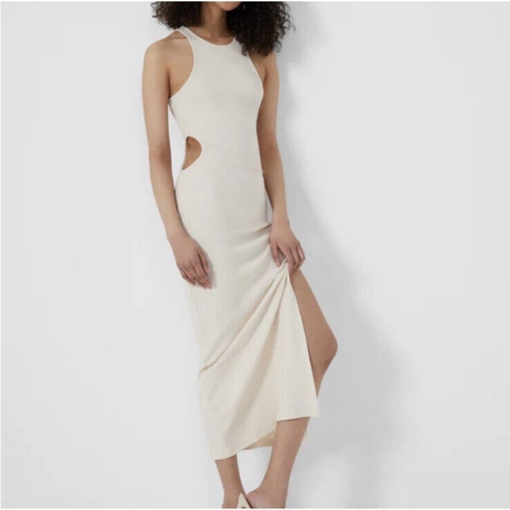 French Connection Rasha Cutout Detail Body-Con Stretch Cotton Dress in Ecru M - Picture 2 of 6